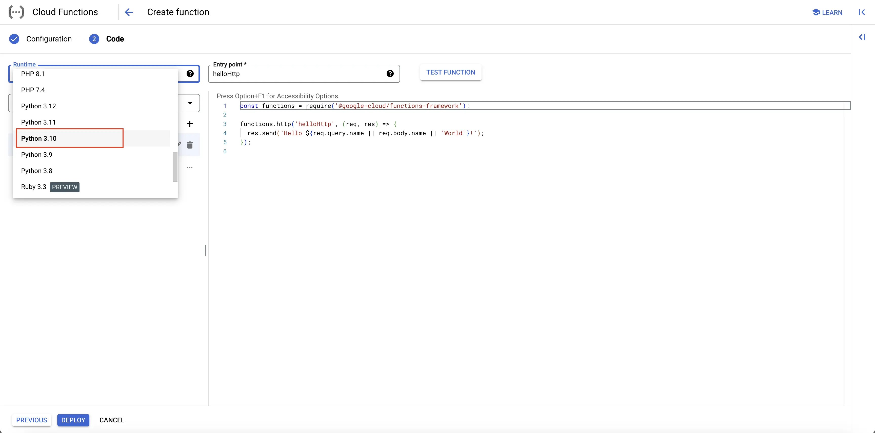 Runtime and Entry Point of Cloud Function