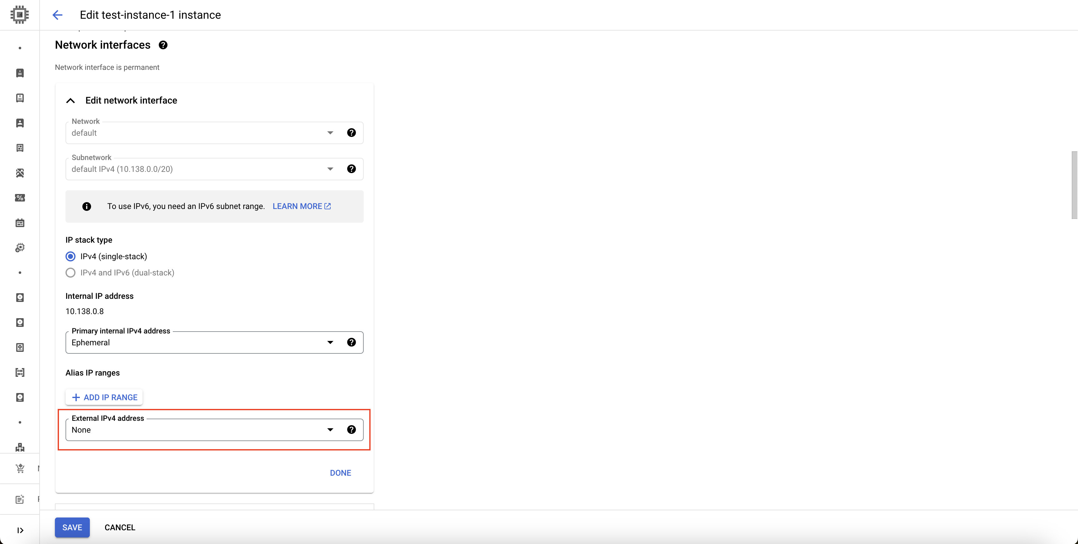 Select External IPv4 address as None